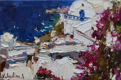 Santorini, Greece - Original landscape painting par Anastasiya Valiulina, Peinture en vente sur Singulart
