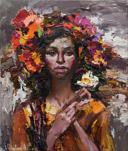 Woman with flowers - Original oil female portrait painting di Anastasiya Valiulina, Pittura in vendita su Singulart