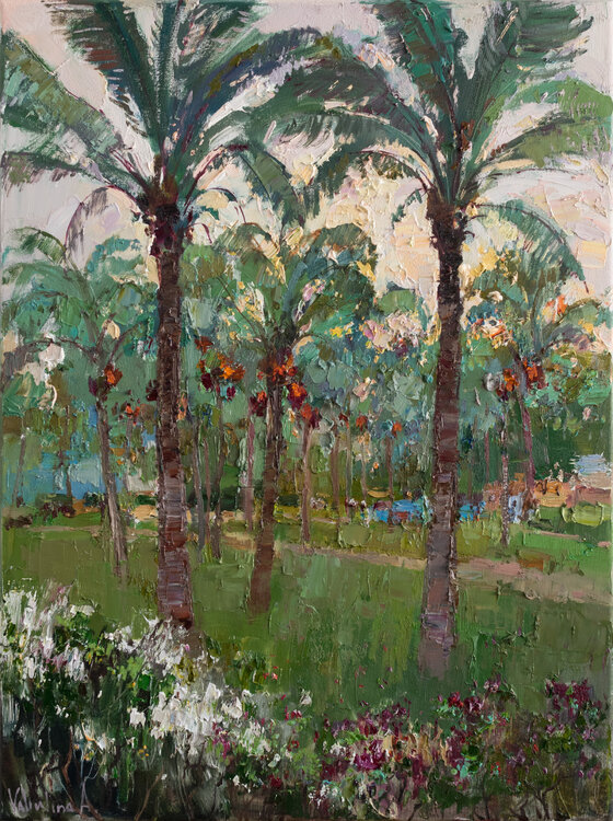 Palm trees at sunset Landscape painting Anastasiya Valiulina