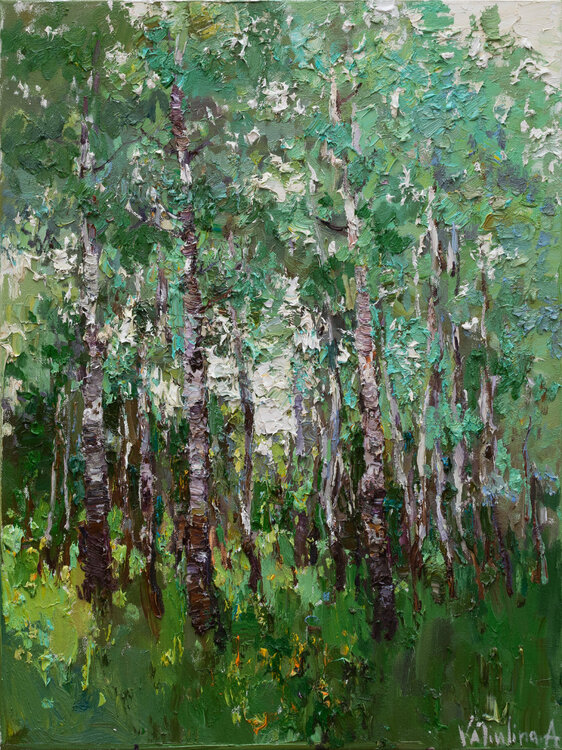 Spring birch forest Original oil painting Anastasiya Valiulina