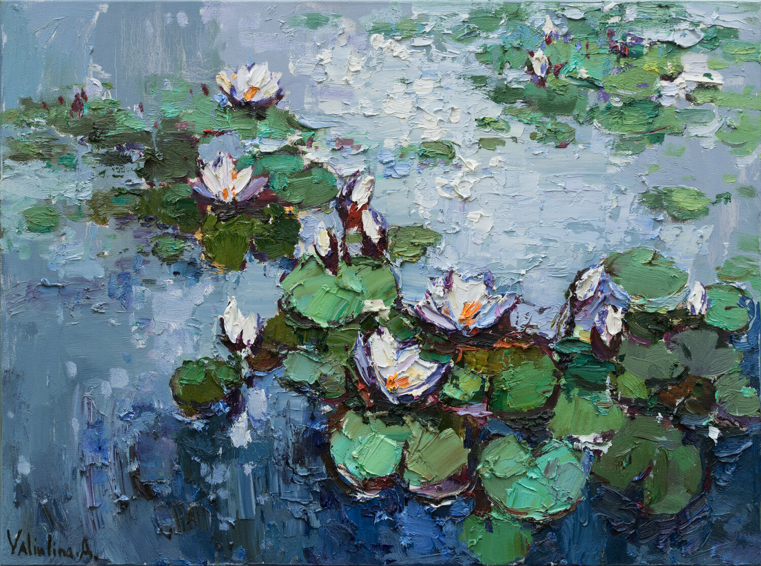 White Water Lilies in pond Anastasiya Valiulina Dipinto originale in vendita