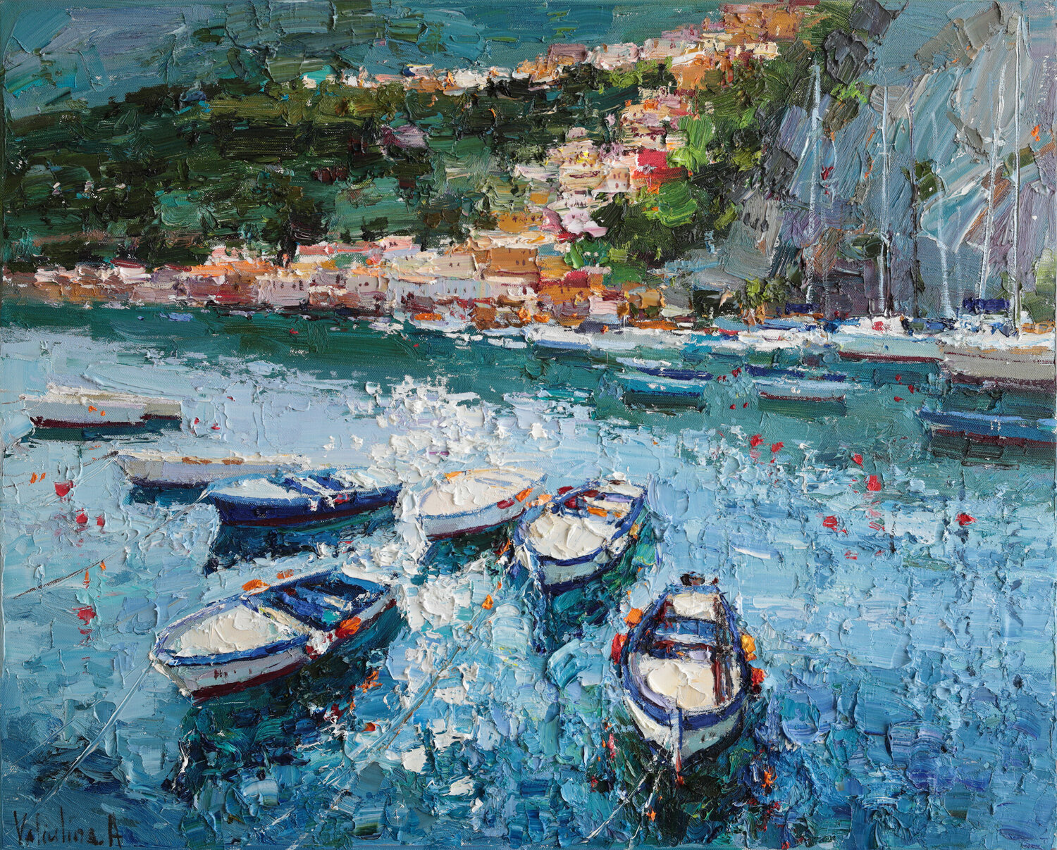 Boats in the Bay Anastasiya Valiulina Originalgemälde zu verkaufen