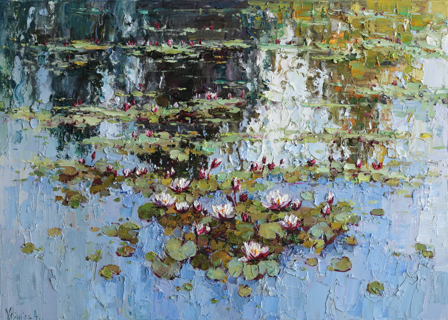 White Water Lilies Pond Anastasiya Valiulina Dipinto originale in vendita