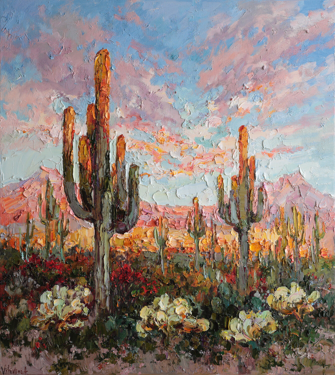 Cacti in the Desert at Sunset Anastasiya Valiulina Dipinto originale in vendita