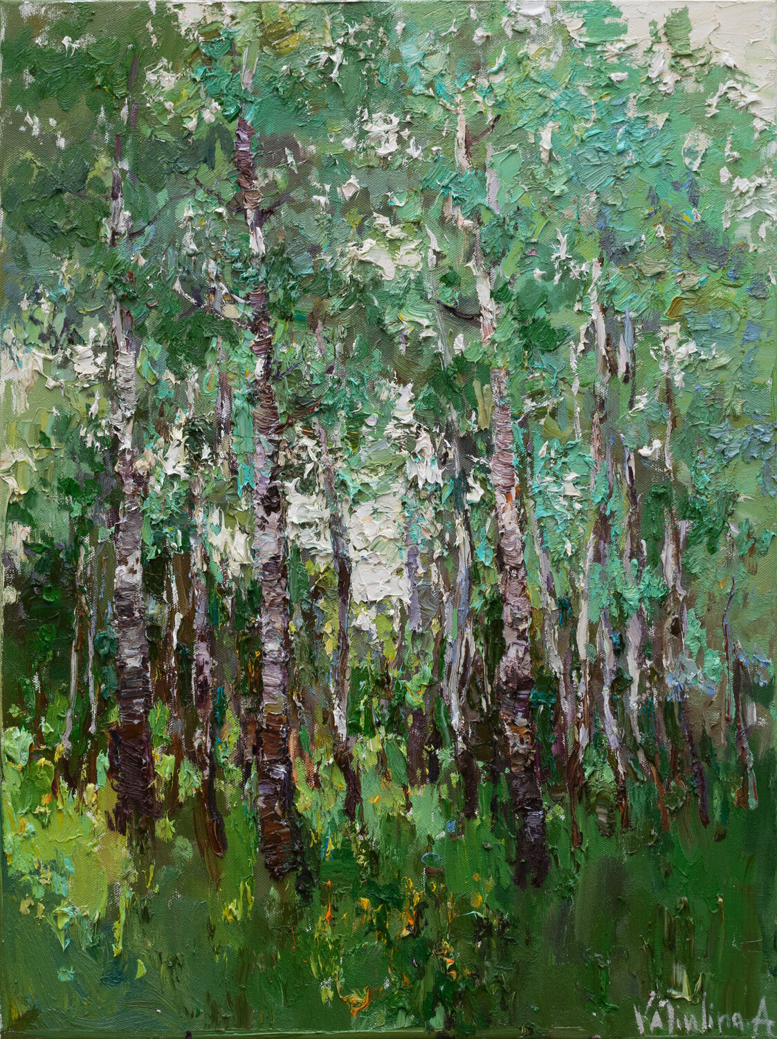 Spring birch forest Original oil painting Anastasiya Valiulina Dipinto originale in vendita