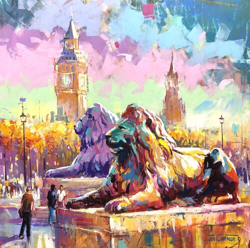 Trafalgar Square Lions - London by Jos Coufreur, Painting for Sale on Singulart