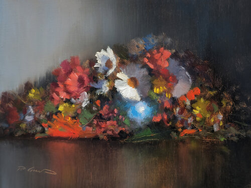 Fleurs et Pot Turquoise di Pascal Giroud, Pittura in vendita su Singulart
