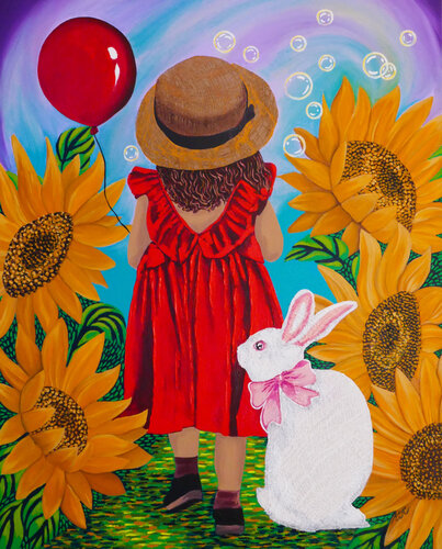 The Rabbit's Secret Garden van Karen Coates, Schilderij te koop op Singulart