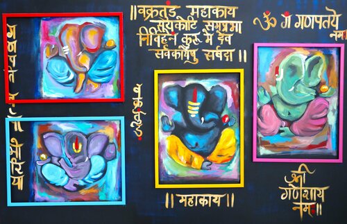 Lord Ganesh of curved elephant by POOVI ART, 油畫 for Sale on Singulart