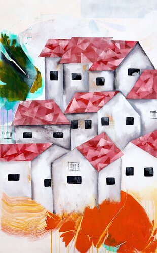 Red roofs 22 by POOVI ART, Painting for Sale on Singulart