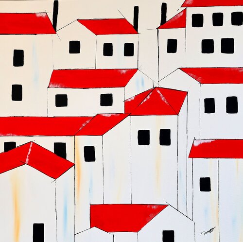 Red roofs - Abstract Landscape by POOVI ART, 회화 for Sale on Singulart