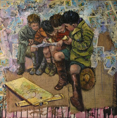 Un fumetto e una mela in compagnia van Gianni Mattu, Schilderij te koop op Singulart