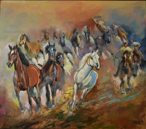 Cattura dei cavalli bradi by Gianni Mattu, Painting for Sale on Singulart