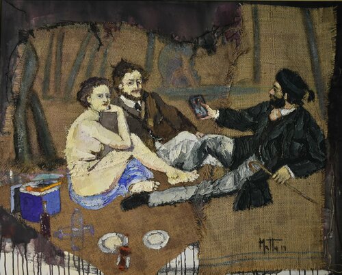 Colazione con selfie  (omaggio a Manet) van Gianni Mattu, Schilderij te koop op Singulart