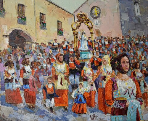 "Processione Madonna dei martiri. Martiri Fonni" van Gianni Mattu, Schilderij te koop op Singulart