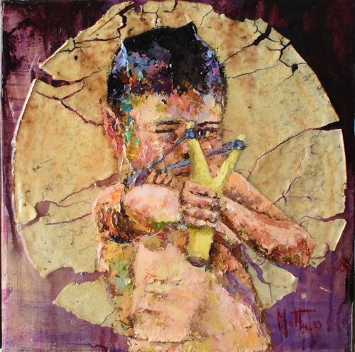 "Mirando con  la fionda " van Gianni Mattu, Schilderij te koop op Singulart