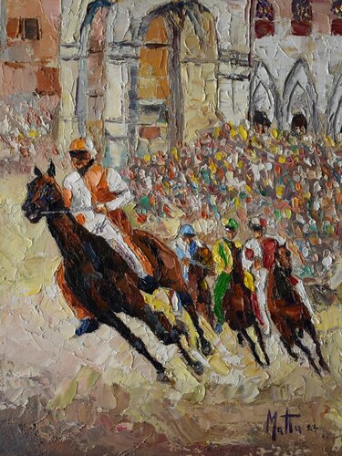 "La curva " palio di Siena di Gianni Mattu, Pittura in vendita su Singulart