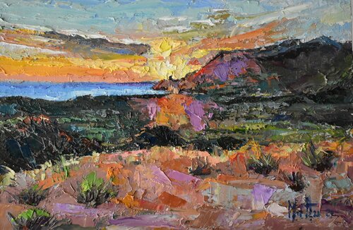 Tramonto sulla torre nera di Gianni Mattu, Pittura in vendita su Singulart