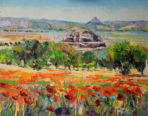 Paesaggio con papaveri e nuraghe von Gianni Mattu, Malerei kaufen auf Singulart