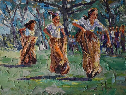 Gara con i sacchi di Gianni Mattu, Pittura in vendita su Singulart
