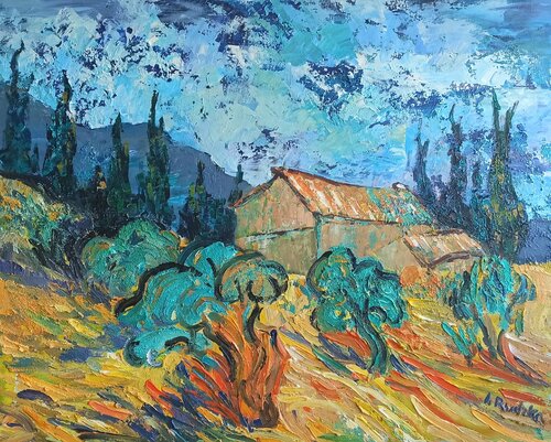 My van Gogh - Landscape with cypresses and olive trees di IZABELA Rudzka, Pittura in vendita su Singulart