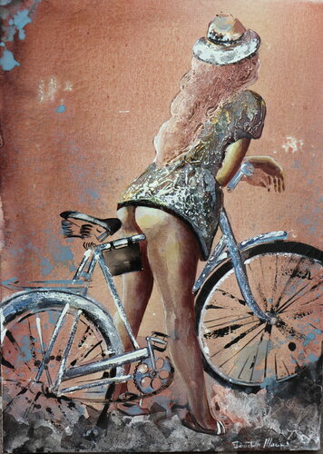 woman with hat...and her bike di Donatella Marraoni, Pittura in vendita su Singulart