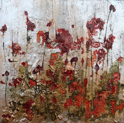 Silver, gold...and poppies par Donatella Marraoni, Peinture en vente sur Singulart