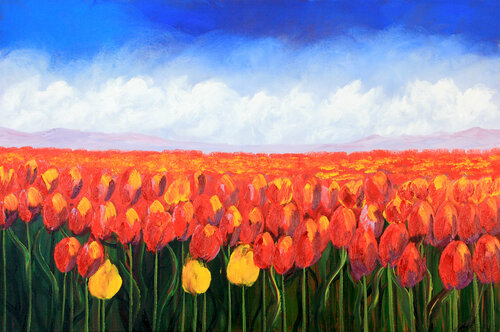 Royal red and yellow tulips by Olya Shevel, Painting for Sale on Singulart