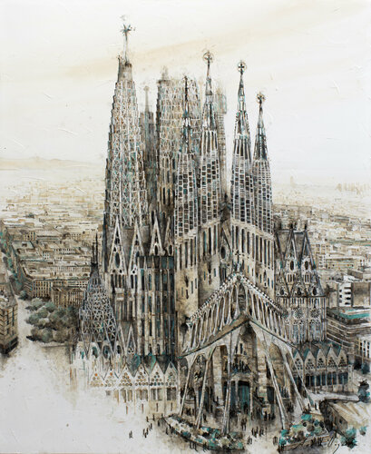 Vista aérea de la Sagrada Familia de Barcelona di Fernando Arribillaga Martínez, Pittura in vendita su Singulart