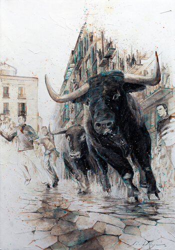 Toros Encierro, San Fermines by Fernando Arribillaga Martínez, 회화 for Sale on Singulart