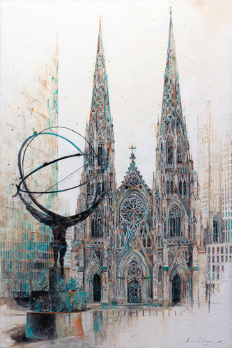 Paseando por New York, Catedral de San Patricio y escultura de Atlas di Fernando Arribillaga Martínez, Pittura in vendita su Singulart