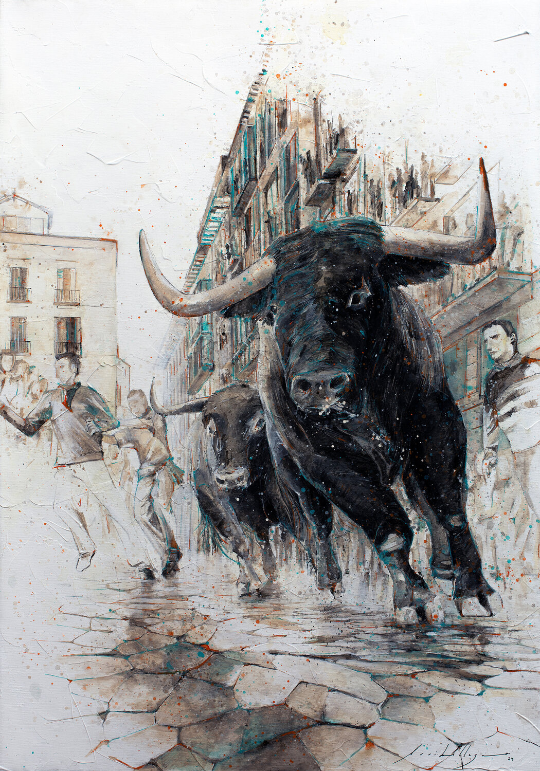 Toros Encierro, San Fermines Fernando Arribillaga Martínez Originalgemälde zu verkaufen