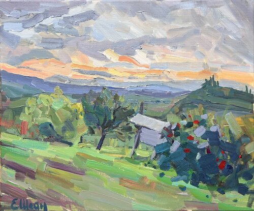 Rose bushes near the vineyard par Genia Sheyn, Peinture en vente sur Singulart