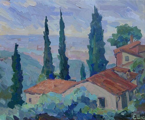Red roofs by Genia Sheyn, Painting for Sale on Singulart