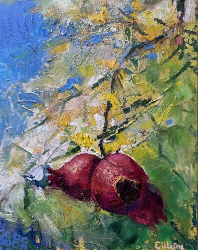 Grenades ready to fall from the branch van Genia Sheyn, Schilderij te koop op Singulart