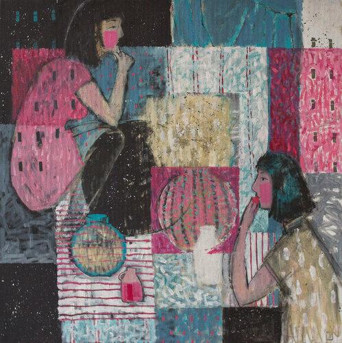 Still life for two - acrylic painting, perfomance, pink, pink dress, sea, love, original art Painting by Katya Schepina, Painting for Sale on Singulart