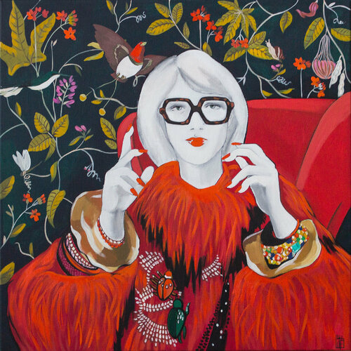 To be like Iris Apfel - fashion, glamour, red, lady in red, office art, vogue by Katya Schepina, Painting for Sale on Singulart