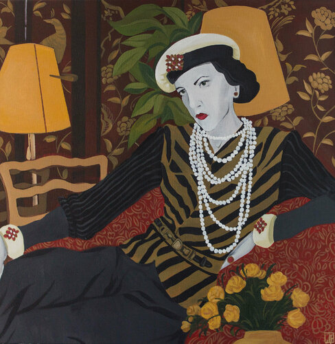 Gabriel - fashion, glamour, red, lady in red, office art, vogue, Chanel by Katya Schepina, Painting for Sale on Singulart