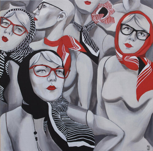 Striped handkerchiefs - fashion, glamour, red, lady in red, office art, vogue by Katya Schepina, Painting for Sale on Singulart