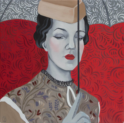 under the umbrella - girl, kiss, woman, retro, interior design van Katya Schepina, Schilderij te koop op Singulart