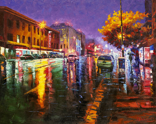 Night street after the rain. Old American town. di Stanislav Sidorov, Pittura in vendita su Singulart