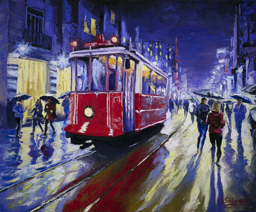 Night Tram . Barcelona Spain di Stanislav Sidorov, Pittura in vendita su Singulart
