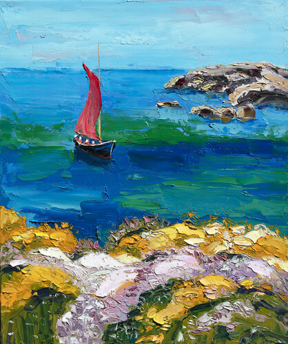 Cote d' Azure. Portugal. Scarlet sail. di Stanislav Sidorov, Pittura in vendita su Singulart