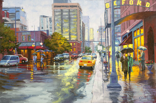 Oxford Café. Street after the Rain. Downtown Denver. di Stanislav Sidorov, Pittura in vendita su Singulart