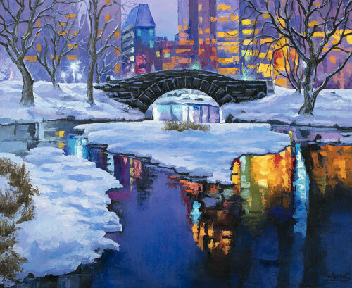 Magical Winter Night. Gapstow Bridge. Central Park. di Stanislav Sidorov, Pittura in vendita su Singulart