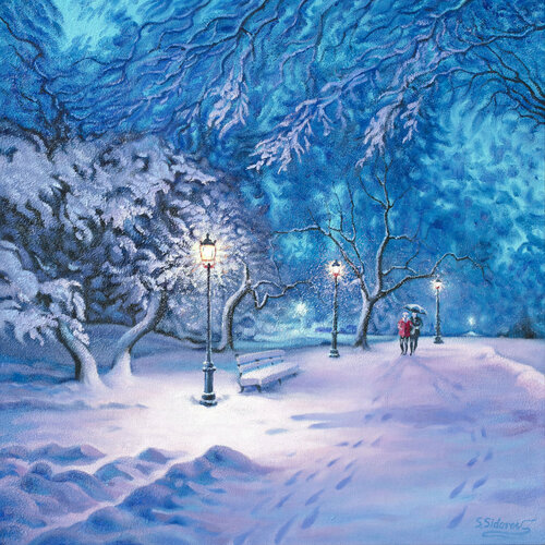 The Street Lights' Warm Glow Central Park New York di Stanislav Sidorov, Pittura in vendita su Singulart