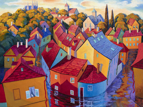 Red Roof. Prague. di Stanislav Sidorov, Pittura in vendita su Singulart