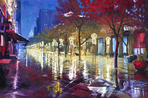 The street Light Warm Glow. 16th street Downtown Denver. by Stanislav Sidorov, Painting for Sale on Singulart