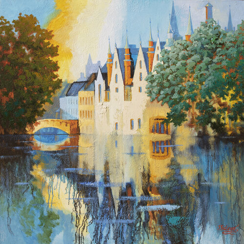 Evening Light. Canal in Bruegel, Belgium. di Stanislav Sidorov, Pittura in vendita su Singulart
