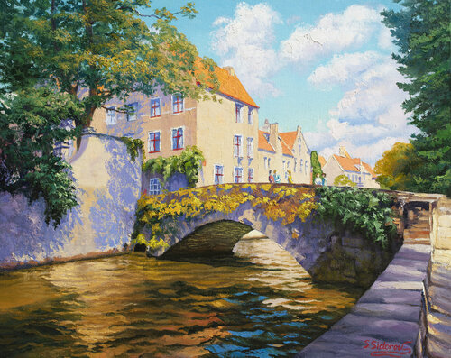 Bright Sunny Day. Canal in Bruges di Stanislav Sidorov, Pittura in vendita su Singulart